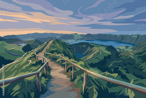 Winding hiking trail with a wooden railing leads along a scenic mountain ridge overlooking volcanic crater lakes at sunset in a beautiful vector illustration style