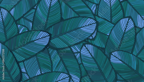 Seamless pattern of stylized tropical leaves with hand-drawn line art details, featuring a dense, overlapping composition in cool shades of blue, green, and teal for a modern botanical background