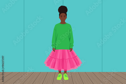 Stylish young woman with an afro puff hairstyle wearing a green sweatshirt, pink tulle skirt, and sneakers, standing against a simple teal wall in a flat vector illustration