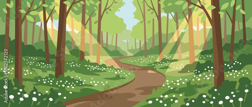 Beautiful cartoon forest path winding through a sunlit green wood with tall trees, white flowers, and magical sunbeams creating a peaceful and serene landscape