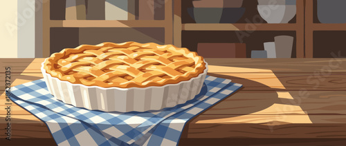 Freshly baked pie with a golden lattice crust in a white ceramic dish rests on a checkered napkin on a sunlit wooden table in a cozy kitchen