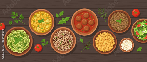 Various healthy food dishes in clay bowls including salad, pasta, meatballs, and legumes arranged in a row on a dark wooden table background, top view flat lay illustration