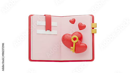 Open Diary with Hearts and Key - Love Journal Concept