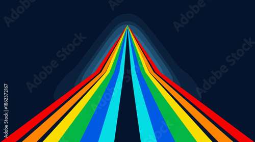 Minimalist abstract rainbow colored stripes forming a futuristic road with a strong perspective leading to a vanishing point on a dark background
