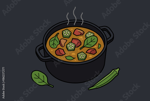 Steaming black pot of hearty homemade stew with sliced okra, beef chunks, and fresh spinach leaves, a simple vector illustration on a dark background