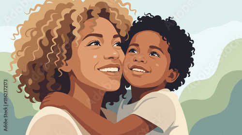Loving mother and her young son embrace warmly, looking up with joyful smiles in a beautiful, tender moment captured in a modern flat illustration style
