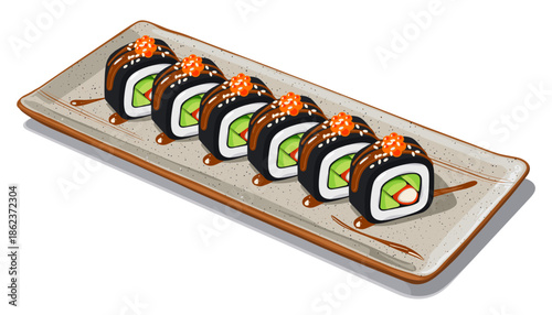 Set of illustrated sushi maki rolls with crab stick and avocado, drizzled with sauce and topped with sesame seeds and red caviar, served on a ceramic plate isolated on white