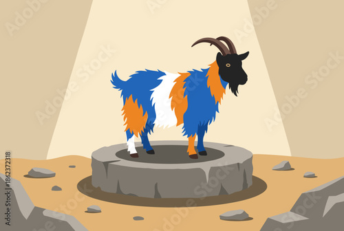 Unique blue, orange, and white goat with a black head stands proudly on a stone pedestal under a spotlight in a stylized vector illustration