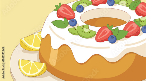 Delicious illustrated ring cake with white glaze is beautifully decorated with fresh strawberries, blueberries, kiwi, mint, and lemon slices on a pastel yellow background