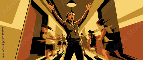 Passionate female sports coach shouting triumphantly with arms raised while her team of athletes runs past her in a brightly lit corridor illustration