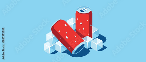 Two blank red aluminum soda cans covered in condensation droplets rest on a pile of ice cubes in a clean, graphic isometric illustration with a cool blue background