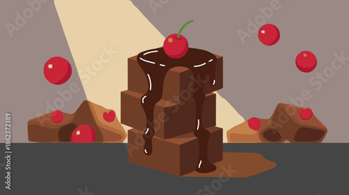 Stack of chocolate brownies with sauce and a cherry on top is highlighted by a spotlight in this minimalist digital illustration of a decadent dessert