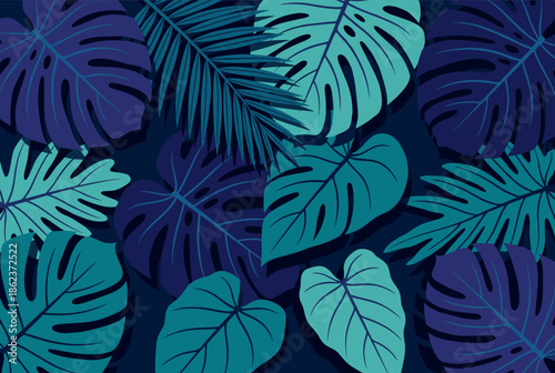 Dark blue and teal tropical jungle leaves create a moody and exotic seamless pattern, a modern flat vector illustration perfect for a mysterious nature background