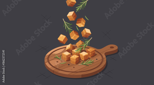 Crispy golden bread croutons with fresh rosemary falling onto a round wooden cutting board in a dynamic isometric vector illustration on a dark grey background