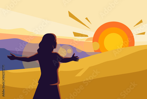 Dark silhouette of a woman with arms outstretched welcomes the vibrant sunrise over a minimalist landscape of rolling hills in a hopeful and peaceful flat vector illustration