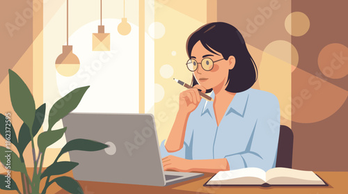 Thoughtful professional woman with glasses working on a laptop at her desk, holding a pen to her chin while studying in a modern home office with warm lighting