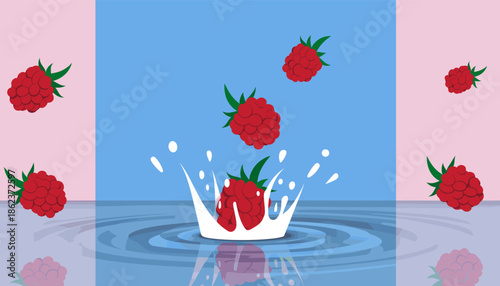 Fresh red raspberry vector illustration falling into a milky liquid, creating a dynamic white splash with ripples on a colorful blue and pink background