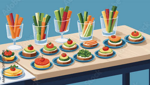 Colorful canapés and vegetable sticks in glasses are neatly arranged on a wooden table for a party or catering event, in a clean flat vector illustration style