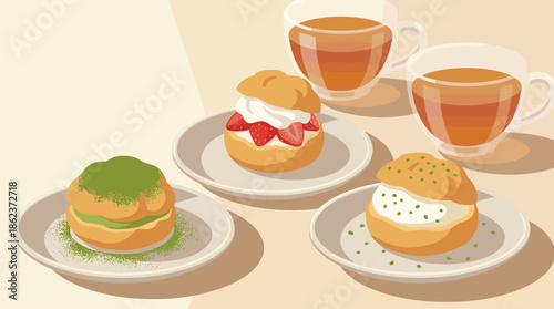 Assortment of delicious cream puff desserts with strawberry and matcha fillings served on plates with hot tea in a charming flat vector illustration style