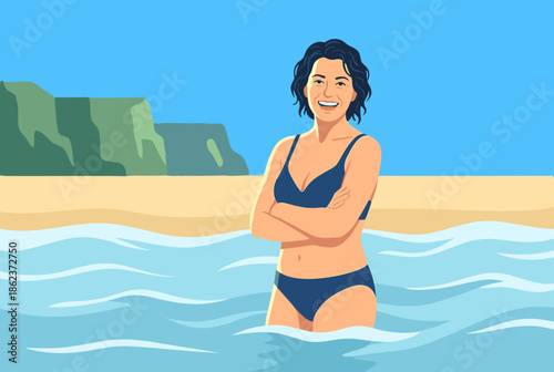 Smiling mature woman with dark curly hair wearing a blue bikini stands confidently in the ocean, a flat vector illustration of a happy person on a summer beach vacation