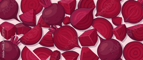Fresh red beetroots whole sliced and diced in a vibrant illustrated pattern, a healthy root vegetable background for cooking and vegetarian diet concepts