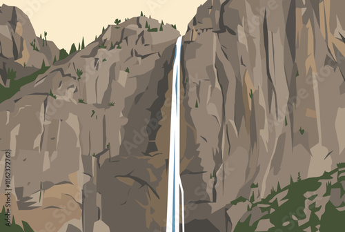 Beautiful waterfall cascading down a steep rocky cliff face in a majestic mountain canyon, depicted in a flat vector illustration style with earthy tones and simple shapes