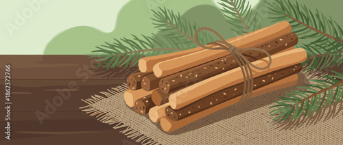 Crispy grissini breadsticks with seeds tied with a string bow on a rustic table with burlap and fir branches, flat vector illustration with copy space
