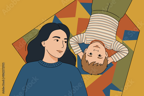 Loving mother and her young son relax together on a colorful geometric rug in this tender top-down illustration, sharing a quiet and peaceful family moment