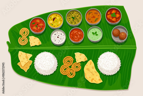 Traditional South Indian meal platter illustration with rice, curries, snacks, and dessert served on a large green banana leaf in a top-down flat lay style