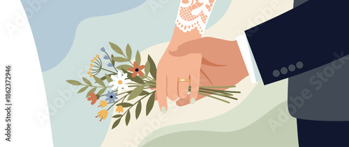 Bride and groom holding hands tenderly during their wedding ceremony, showing her lace sleeve, gold ring, and a simple wildflower bouquet in a flat illustration style