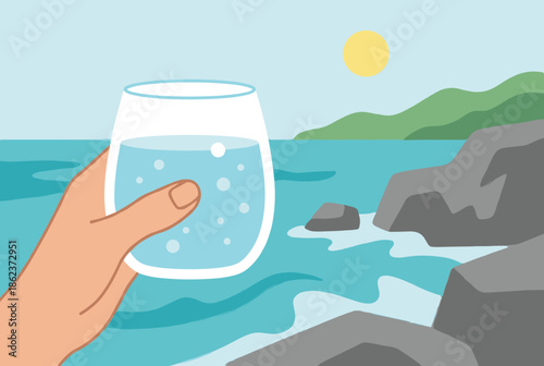 Hand holding a glass of sparkling water overlooking a sunny seascape with a rocky coast, a first-person perspective illustration of a relaxing summer vacation