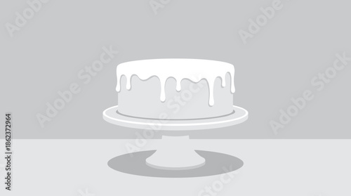 Minimalist grey and white illustrated cake with dripping icing on a pedestal stand, presented in a flat vector style against a simple monochrome background with copy space