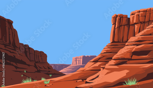 Red rock canyon landscape with towering buttes and mesas under a clear blue sky, a minimalist vector illustration of a vast and arid western desert scene with copy space