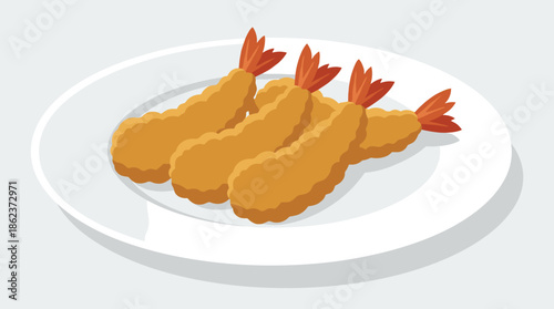 Four fried tempura shrimp with crispy batter served on a white plate, a classic Asian seafood appetizer dish illustrated in a clean, minimalist flat vector style