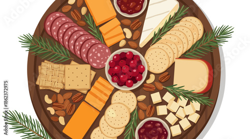Festive charcuterie board illustration with cheese, salami, crackers, nuts, and cranberries decorated with pine sprigs on a round wooden platter, isolated on a white background
