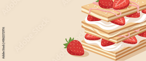 Delicious layered strawberry mille-feuille cake with fresh cream and pink icing drizzle, illustrated in a flat graphic style on a beige background with ample copy space for text