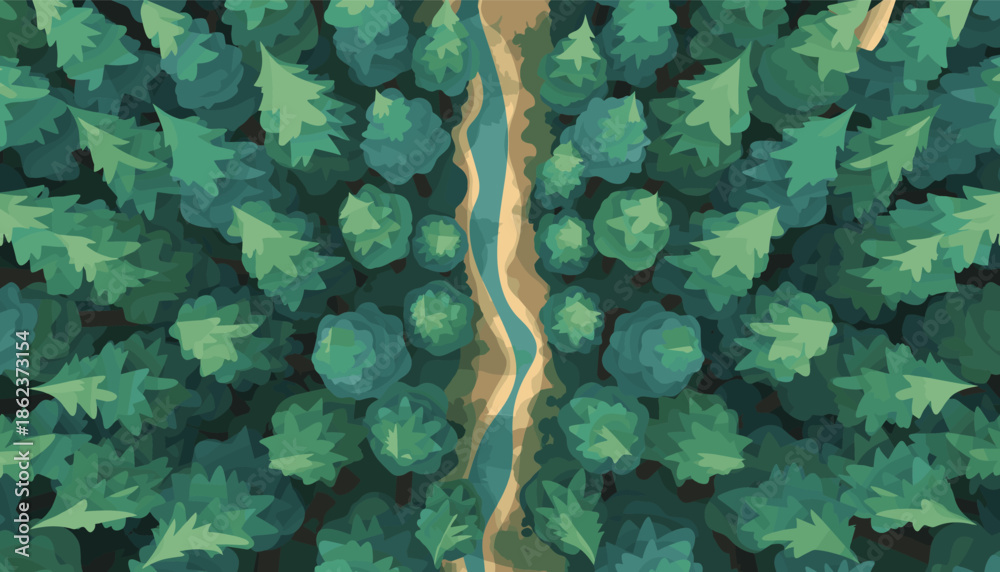Obraz premium Dense green illustrated forest with a river from an aerial top-down view, a beautiful and serene natural landscape background for wilderness and ecology themes