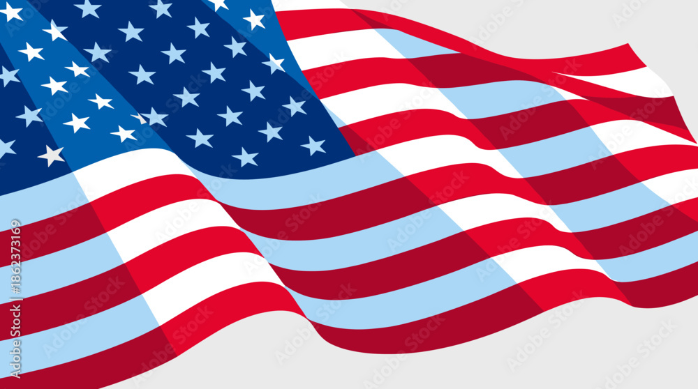 Fototapeta premium National flag with red and white stripes and a blue rectangle with white stars waving gracefully in a stylized vector illustration on a plain background