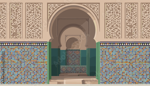 Traditional Moorish architectural interior with horseshoe arches, colorful zellige mosaic tiles, and intricate carved plasterwork leading to a central fountain, vector illustration