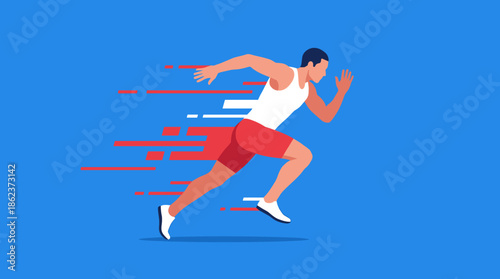 Athletic man in sportswear sprinting fast with dynamic motion trails, a flat vector illustration concept of speed and energy on a vibrant blue background