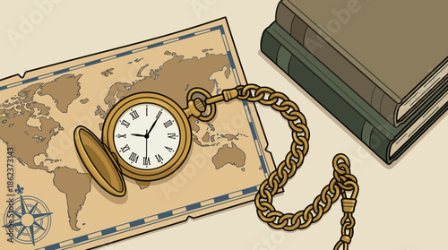 Vintage gold pocket watch with chain lies open on an old world map, suggesting themes of travel, adventure, and history in a classic illustration style