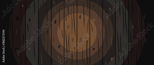 Stylized cross-section of a dark tree trunk showing annual growth rings and a rough, textured surface in a minimalist flat vector art style with an earthy color palette