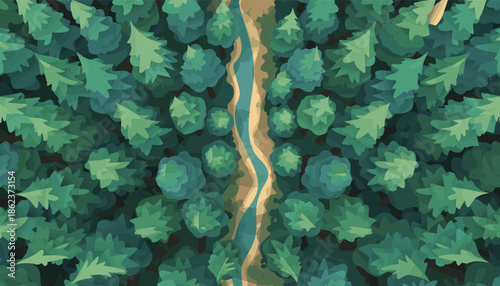 Dense green illustrated forest with a river from an aerial top-down view, a beautiful and serene natural landscape background for wilderness and ecology themes