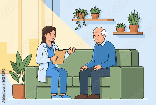 Female doctor and an elderly patient sitting on a sofa discuss his health during a home visit consultation, depicted in a simple flat line art vector illustration