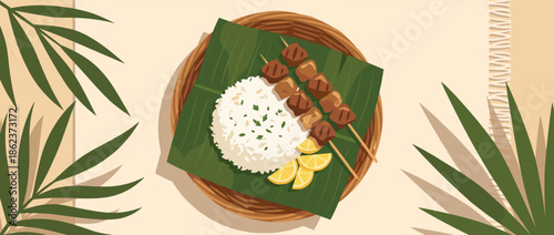 Grilled meat skewers with a side of rice and lemon wedges served on a banana leaf on a woven plate, a flat lay vector illustration with a tropical theme