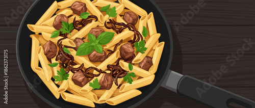 Penne pasta with beef cubes, caramelized onions, and fresh herbs served in a black skillet on a dark wooden table, top view vector illustration of a hearty meal