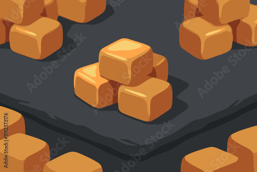 Shiny golden brown caramel candy cubes illustration forming a seamless repeating pattern, a sweet confectionery dessert background on a dark grey surface