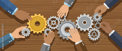 Diverse business people hands connecting gear mechanism together on a wooden table, symbolizing teamwork, strategy, and collaboration in a flat vector illustration