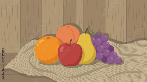 Colorful assortment of fresh illustrated fruits including an apple, orange, pear, peach, and grapes arranged on a rustic burlap cloth against a wooden background
