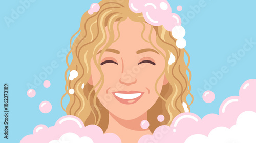 Happy smiling young woman with blonde curly hair enjoying a relaxing bath or shower, covered in pink soap foam and bubbles in a clean flat vector illustration style